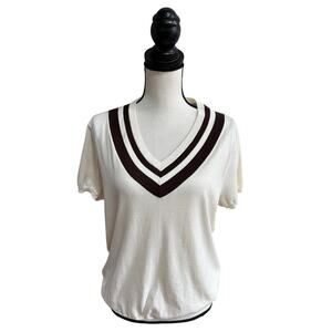 Ralph Lauren Women’s M V-Neck Cotton Sweater Cream/Dark Brown Trim Golf Tennis